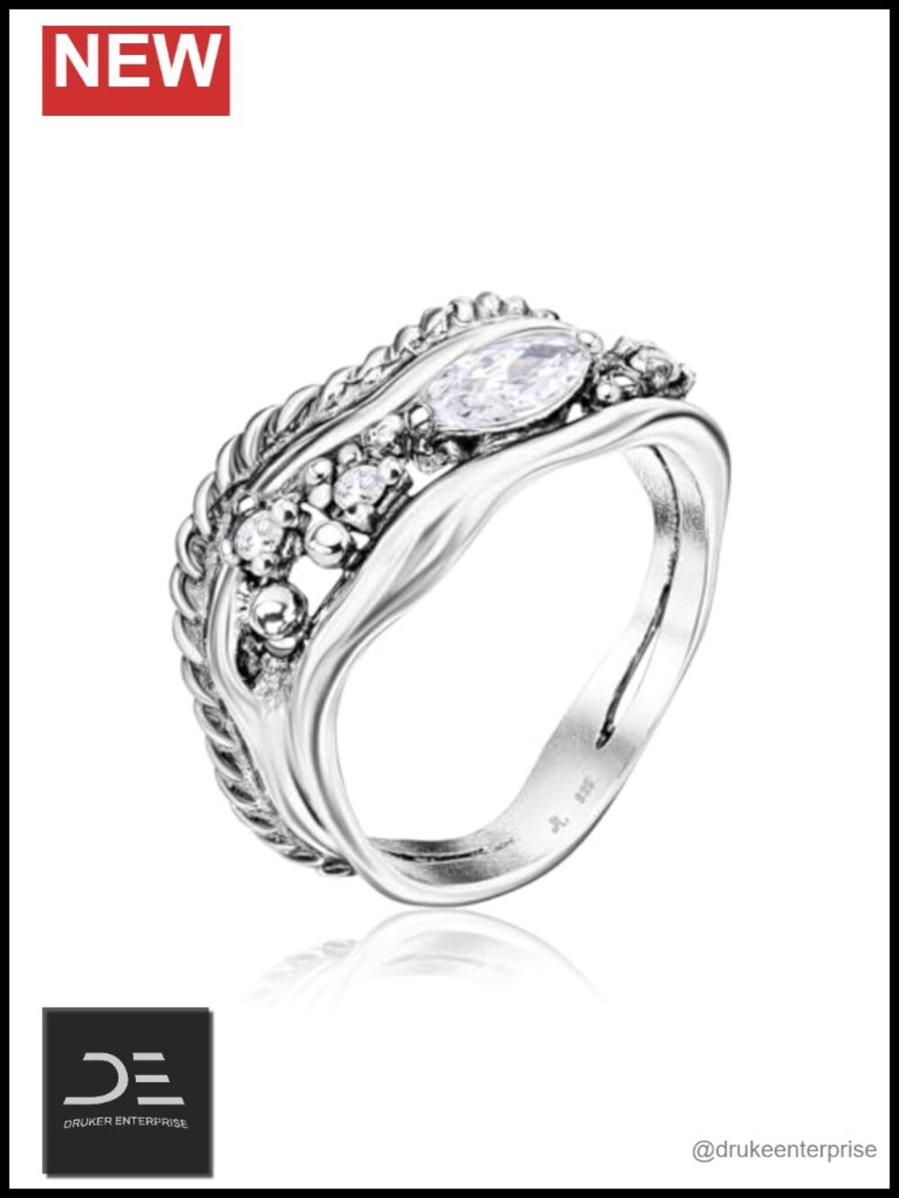Sterling Silver Statement Ring with Cubic Zirconia - Vintage Style